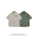 シャツ メンズ レディース ストライプ柄 開襟 半袖 ポリエステル 薄手 グレー グリーン ルーズフィット 日式 复古 トップス