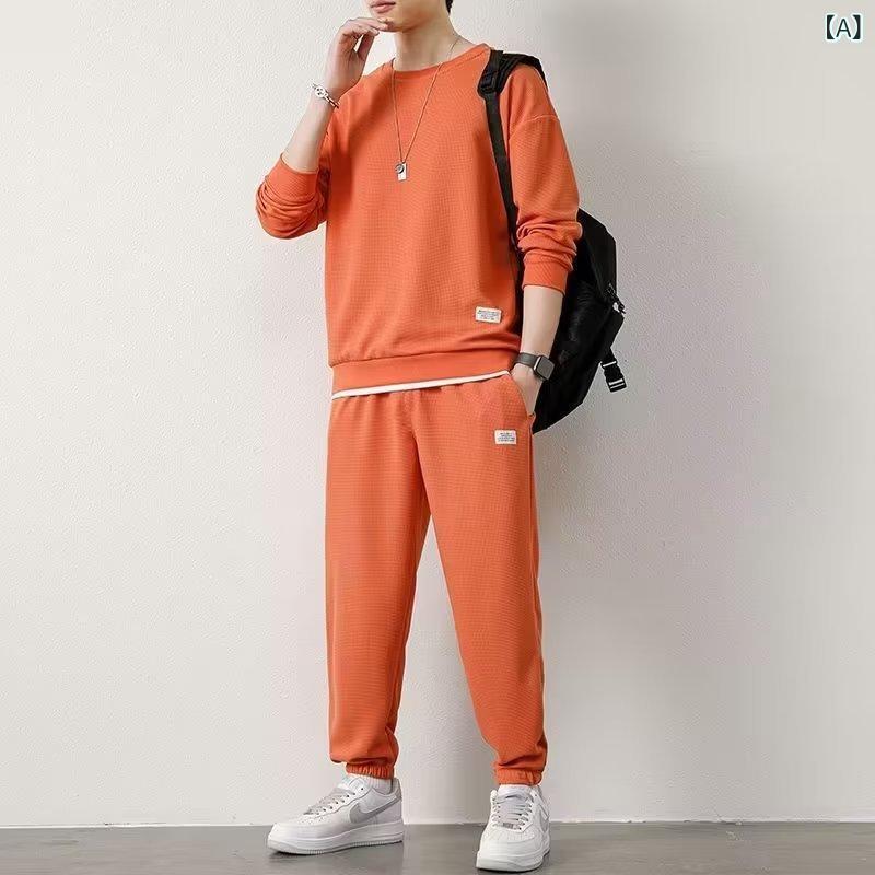 LINEAR shopのスウェット メンズ カジュアル セットアップ 春秋 上下セット 男性用 普段着 部屋着 スポーティ ウェア 長袖 Tシャツ パンツ 9分丈 ポリエステル 混紡 オレンジ系 ブルー系 グレー系 ブラック ホワイト ブラウン カーキ｜アングル2