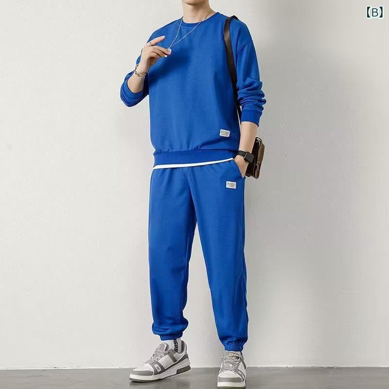 スウェット メンズ カジュアル セットアップ 春秋 上下セット 男性用 普段着 部屋着 スポーティ ウェア 長袖 Tシャツ パンツ 9分丈 ポリエステル 混紡 オレンジ系 ブルー系 グレー系 ブラック ホワイト ブラウン カーキ