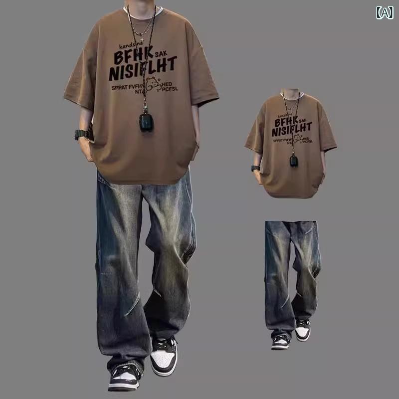 LINEAR shopのTシャツ メンズ 上下セット 半袖 クマ柄 プリント デニムパンツ カジュアル スポーティ コットン 2点セット 部屋着 ルームウェア 春夏｜アングル2