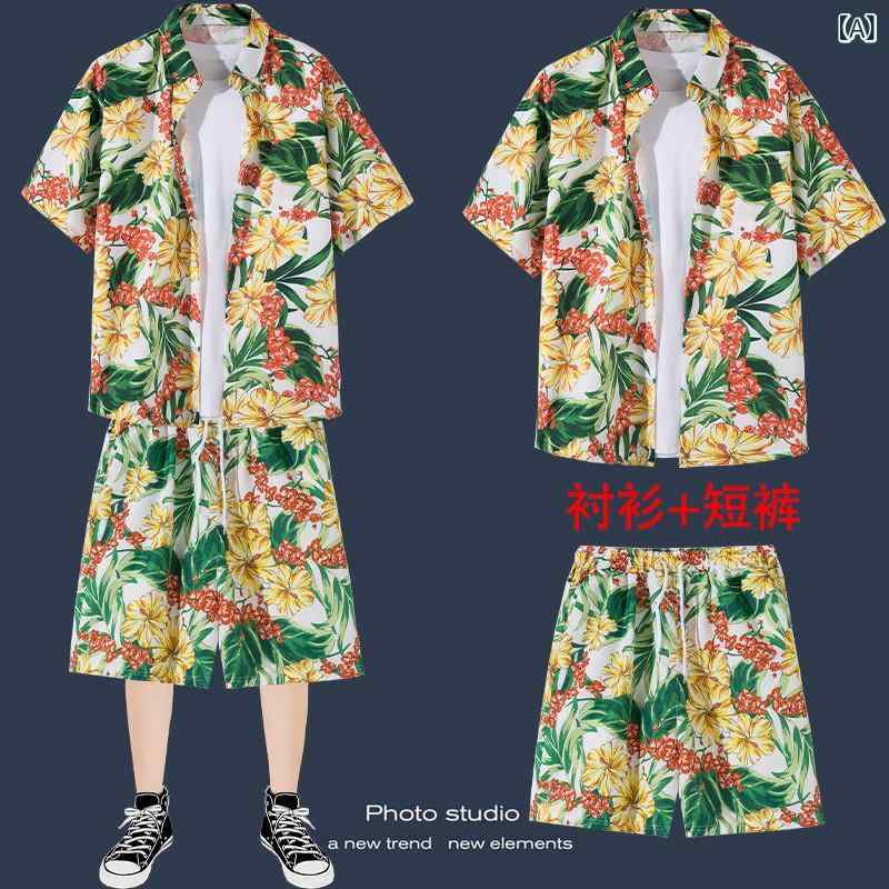LINEAR shopのメンズ リゾート セットアップ アロハシャツ 半袖シャツ ショートパンツ ポリエステル 速乾 ビーチ ビーチ 旅行 スポーツ カジュアル 男性用 春夏｜アングル2