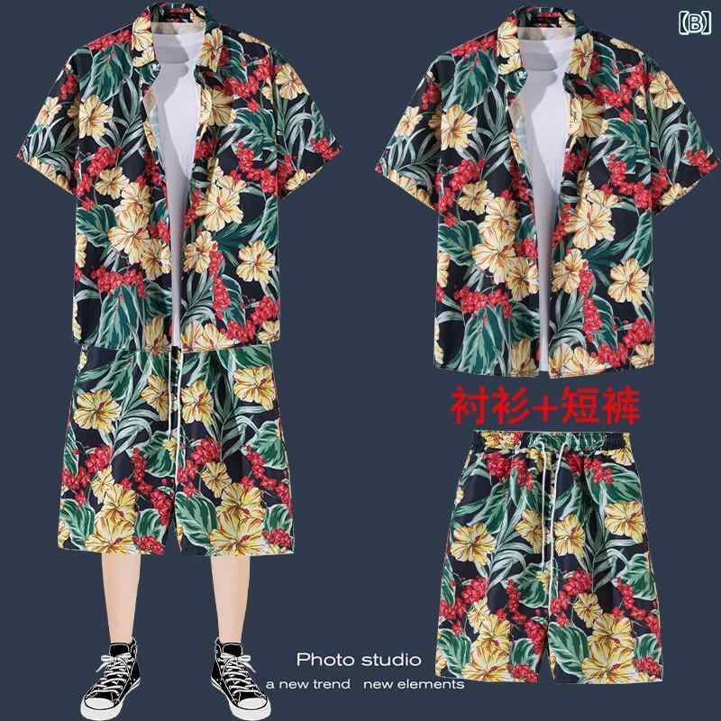 LINEAR shopのメンズ リゾート セットアップ アロハシャツ 半袖シャツ ショートパンツ ポリエステル 速乾 ビーチ ビーチ 旅行 スポーツ カジュアル 男性用 春夏｜アングル3