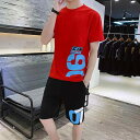 メンズ スポーツウェア 半袖Tシャツ 短パン セットアップ 男性用 普段使い 部屋着 ポリエステル混紡 ホワイト レッド ブラック