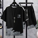メンズ スポーツウェア セットアップ 男性用 夏 薄手 半袖 Tシャツ 短パン 上下セット 部屋着 ルームウェア パジャマ 普段使い 伸縮性 ポリエステル ブラック カーキ グリーン 大きいサイズ