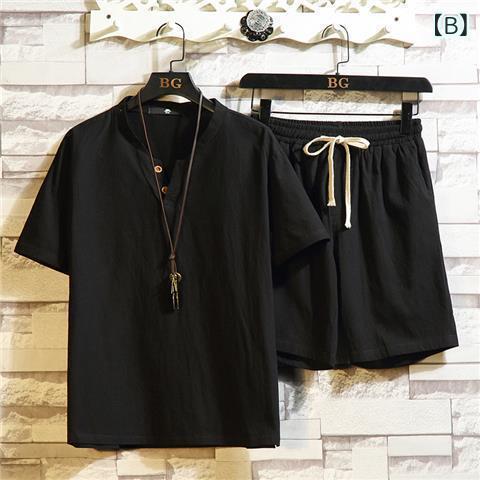 LINEAR shopのメンズ Tシャツ ショートパンツ 上下セット 中国風 コットン リネン カジュアル 普段使い ルームウェア 部屋着 春夏｜アングル2