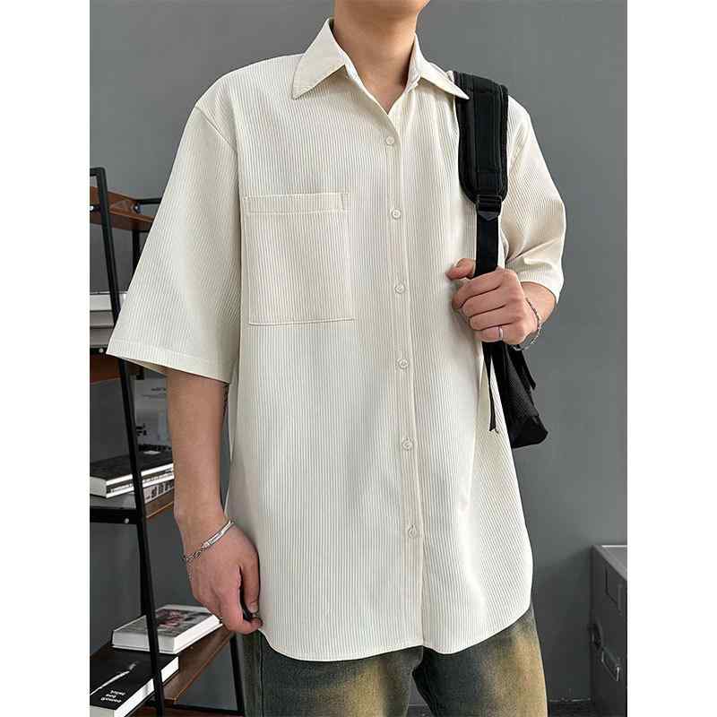 Long-Sleeve （Shape Holding） - シャツ メンズ ストライプ模様 ポケット 襟付き 半袖 リネン混紡 夏 カジュアル トップス ブラック カーキ ベージュ
