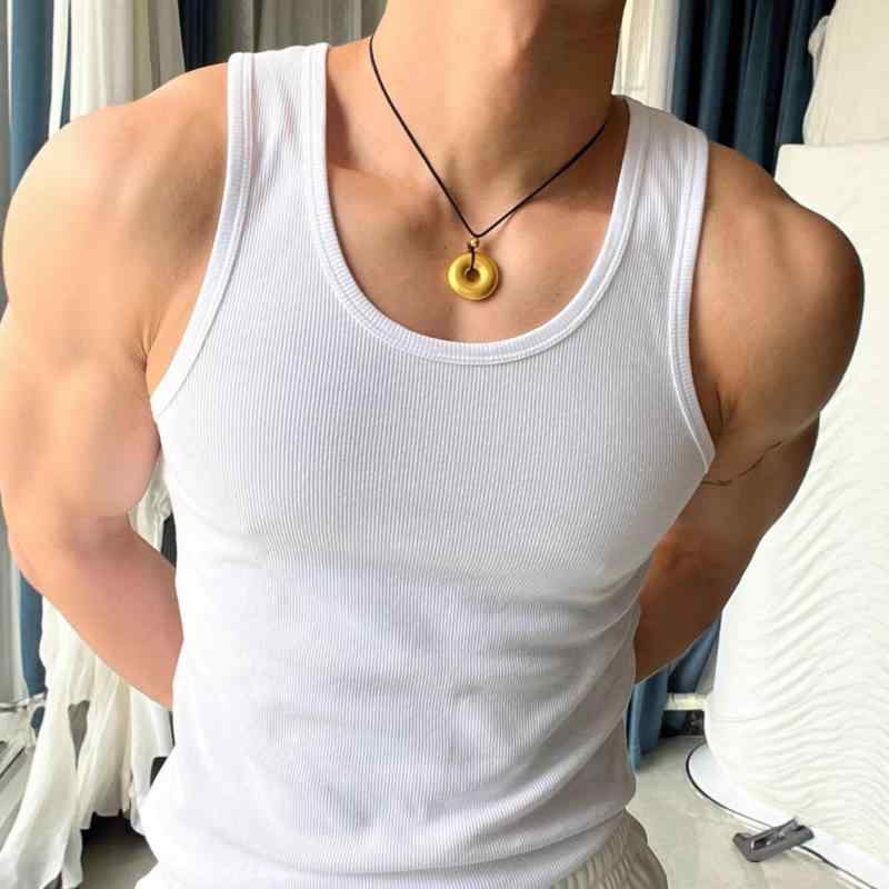 タンクトップ メンズ 男性用 ボーダー柄 コットン 下着 スポーツ 運動 筋トレ リブ ストレッチ タイトフィット Tシャツ トップス ホワイト ブラック グレー