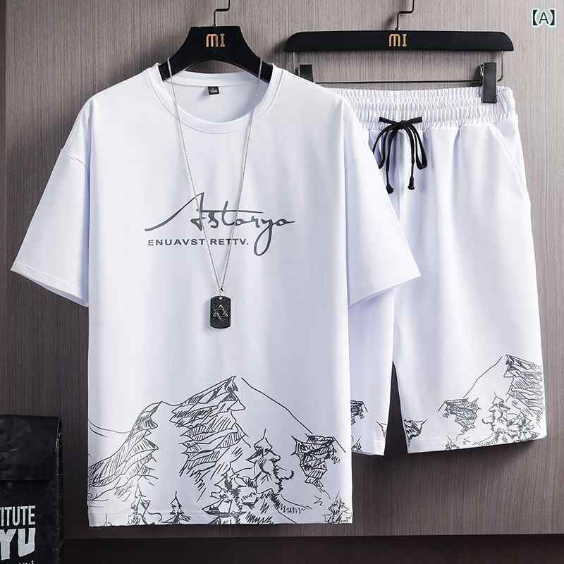 LINEAR shopのTシャツ メンズ スポーツウェア 上下セット 雪山プリント カジュアル 半袖 短パン ポリエステル ホワイト ブラック 大きいサイズ｜アングル2