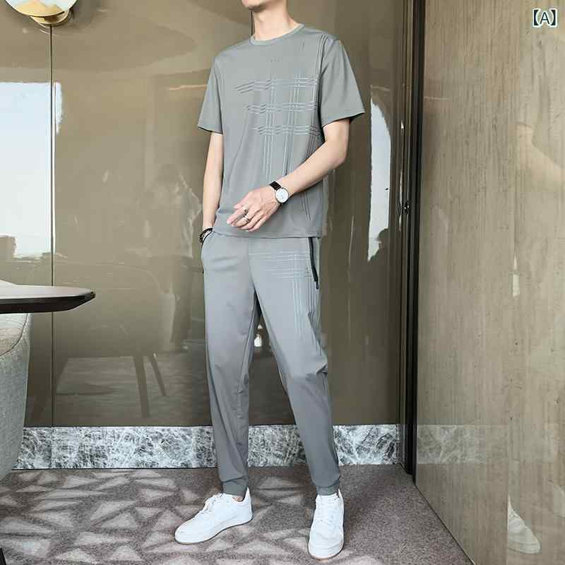 LINEAR shopのセットアップ メンズ 男性用 接触冷感 Tシャツ & 長ズボン 上下 2点セット ルームウェア 部屋着 普段使い スポーツ 運動着 ポリエステル ブラック 黒 ネイビー 紺 グレー M L XL 2XL 3XL 4XL 5XL｜アングル2