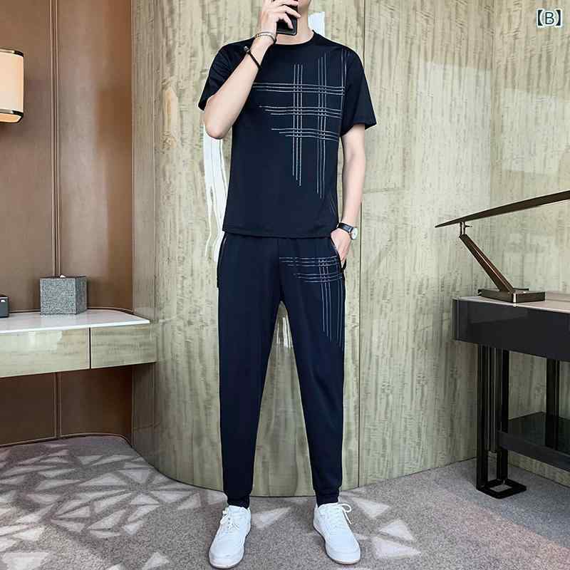 LINEAR shopのセットアップ メンズ 男性用 接触冷感 Tシャツ & 長ズボン 上下 2点セット ルームウェア 部屋着 普段使い スポーツ 運動着 ポリエステル ブラック 黒 ネイビー 紺 グレー M L XL 2XL 3XL 4XL 5XL｜アングル3
