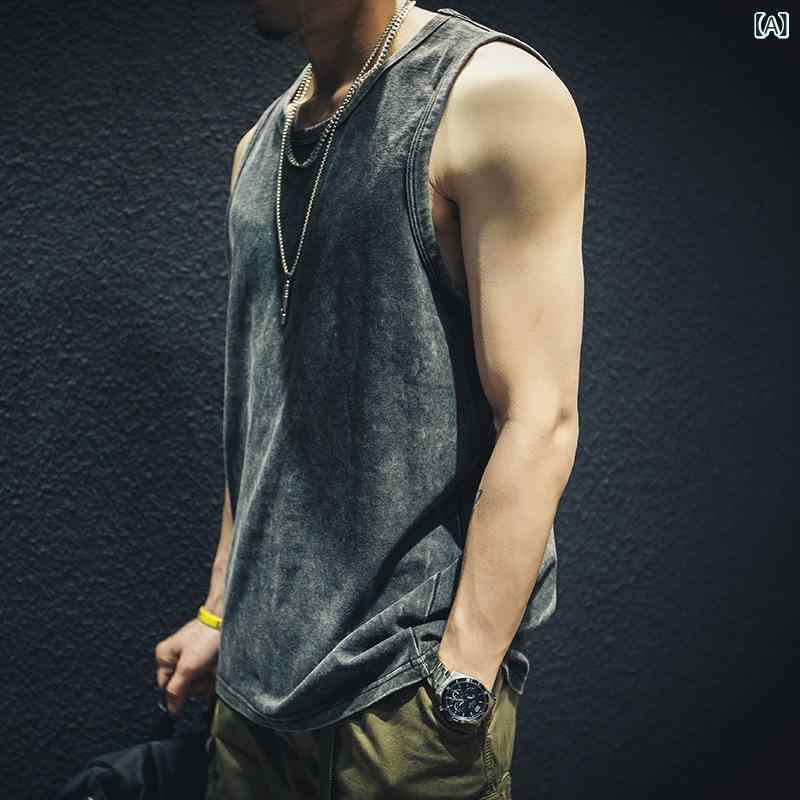 Tシャツ メンズ 男性用 ノースリーブ タンクトップ ルーズ レトロ スポーツ 普段使い 部屋着 ポリエステル ブラック 無地 夏