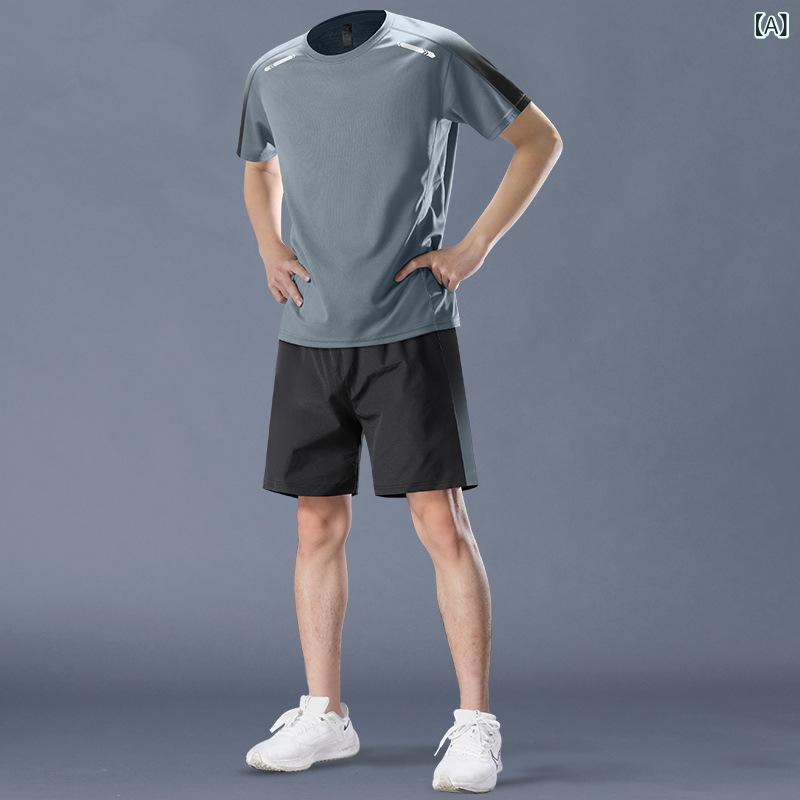 スポーツウェア メンズ 上下セット 春夏 Tシャツ 短パン 接触冷感 吸湿速乾 ポリエステル 運動着 トレーニングウェア グレー ホワイト ブルーグリーン ブラック
