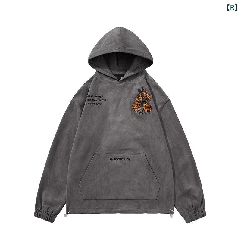 パーカー メンズ 男性用 スエード調 長袖 プルオーバー フーディ 刺繍 花柄 秋冬 ゆるシルエット 黒 ブラック グレー コーヒー 普段使い 部屋着(x2)