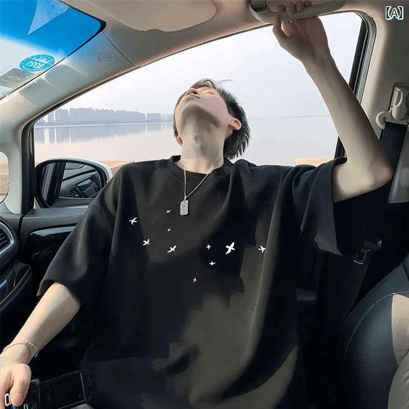 Tシャツ メンズ 半袖 コットン 夏 ゆったり オーバーサイズ プリント柄 トップス カットソー カジュアル 普段使い ブラック ホワイト ..