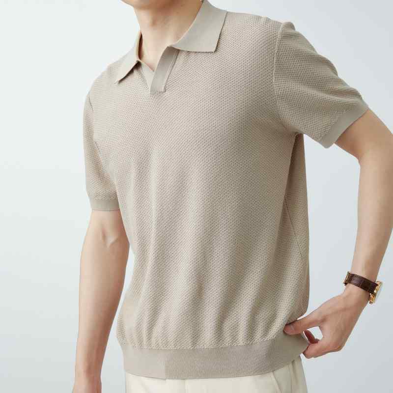 ポロシャツ メンズ 半袖 コットン 桑蚕糸 リネン 涼感 Vネック Tシャツ 薄手 通気性 無地 普段使い 部屋着