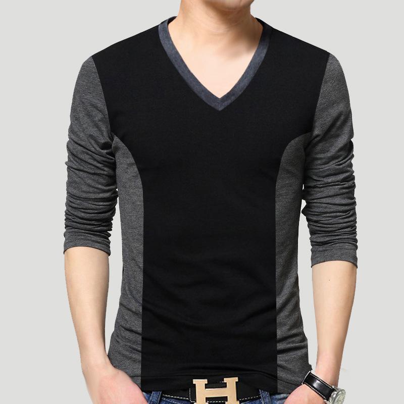Tシャツ メンズ 男性用 長袖 コットン Tシャツ スリム カジュアル トップス 配色 切り替え Vネック 普段使い 春秋冬 グレー ブラック
