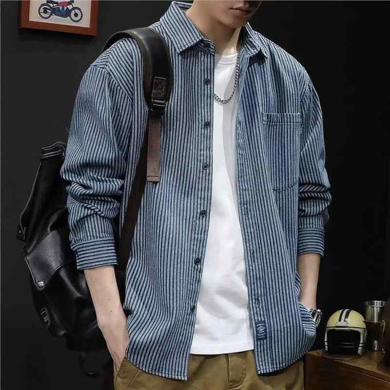Denim Shirt - シャツ メンズ 長袖 ウォッシュド デニム ストライプ柄 トップス 日本製 レトロ カジュアル 普段使い ブルー 青 M L XL XXL XXXL