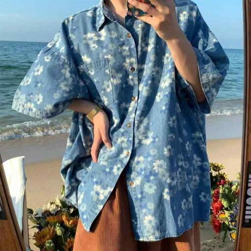 シャツ メンズ 半袖 デニム 接触冷感 5分袖 トップス 港風 ゆったり 薄手 花柄 ブルー シャツ メンズ 半袖 デニム 接触冷感 5分袖 トップス 港風 ゆったり 薄手 花柄 ブルー