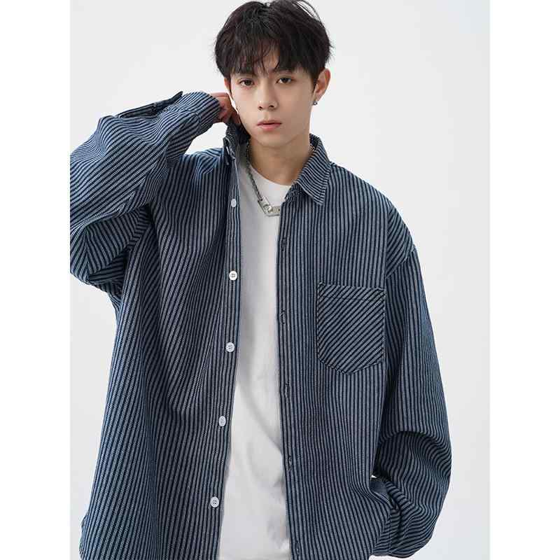 Denim Shirt - シャツ メンズ デニム ストライプ 長袖 ウォッシュ加工 宽松 カジュアル トップス 春秋 ポケット