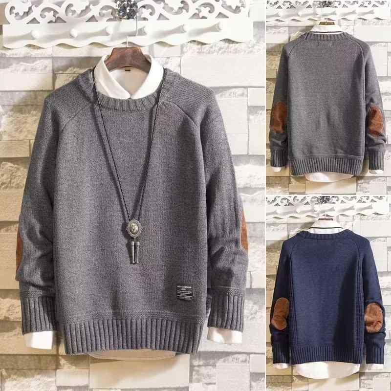 ニット メンズ 長袖 プルオーバー 丸首 宽松 混紡 無地 パッチワーク 10代 20代 春秋 普段使い ダークブルー グレー