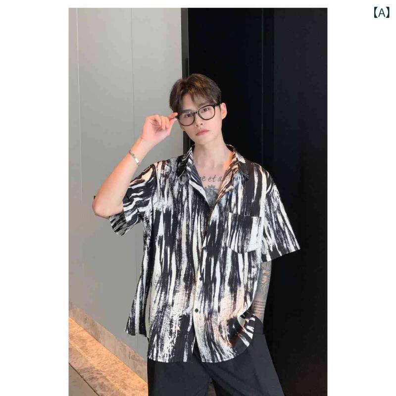 シャツ メンズ 男性用 トップス レトロ 墨絵風 長袖 コットン混紡 街着風 ゆったりシルエット 春秋 白 黒(x2)