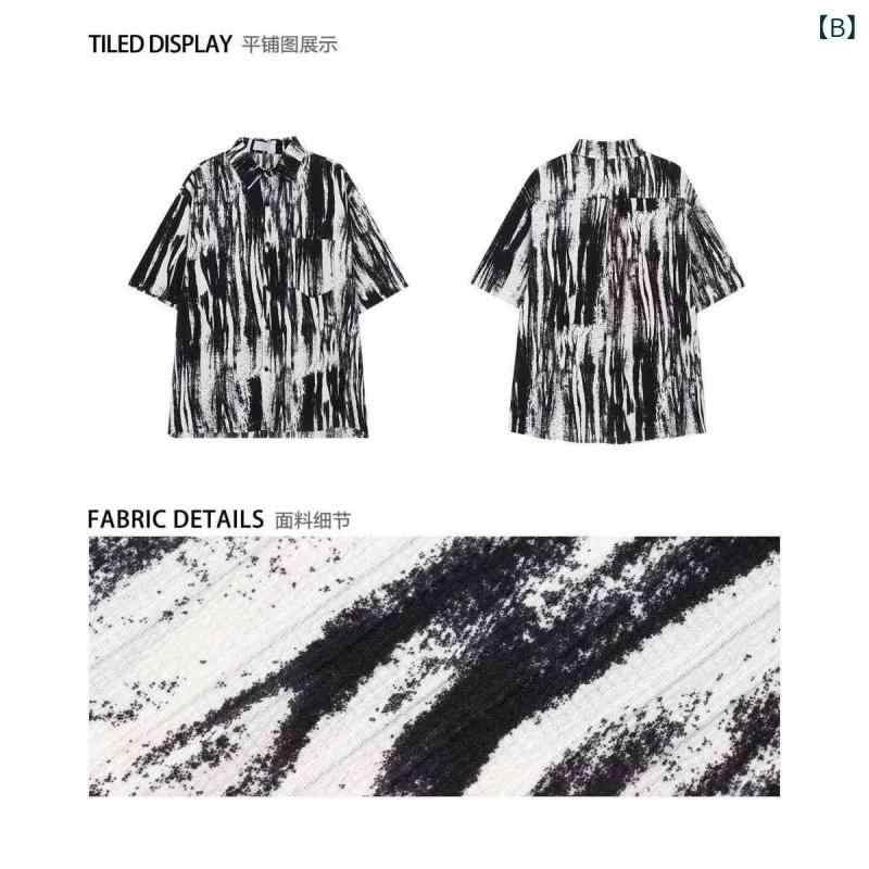 シャツ メンズ 男性用 トップス レトロ 墨絵風 長袖 コットン混紡 街着風 ゆったりシルエット 春秋 白 黒(x2)