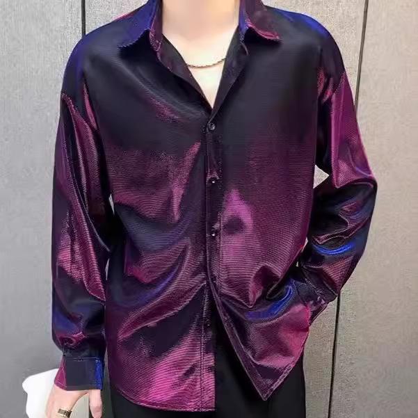 シャツ メンズ 男性用 トップス 春秋 長袖 ノーアイロン 形態安定 光沢 ゆったりめ カジュアル 紫色 グレー 緑