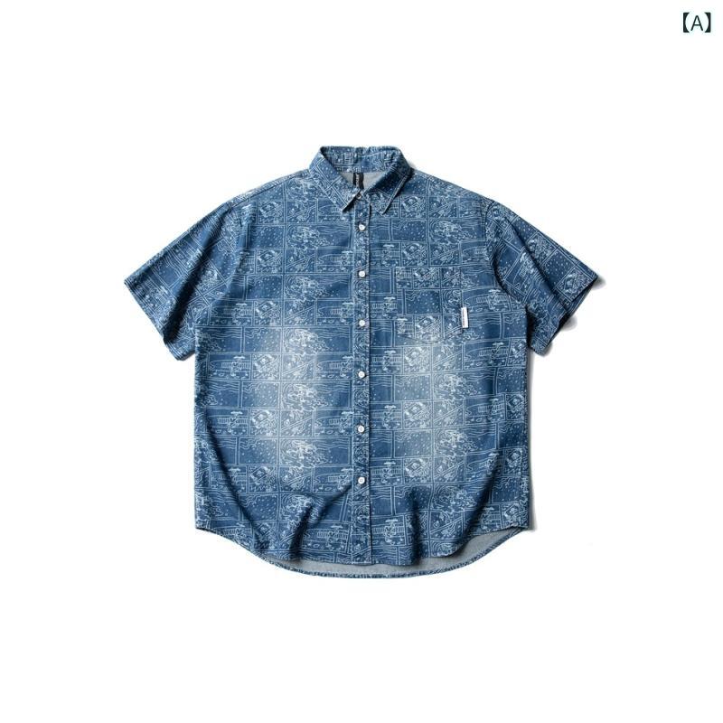 シャツ メンズ 男性用 水洗 デニム 半袖 トップス 街潮 カジュアル ポケット 水色 M L XL XXL