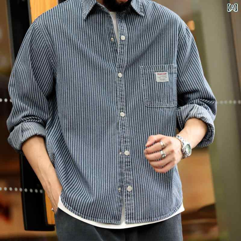 シャツ メンズ 日本製 デニム ウォッシュ加工 ストライプ柄 長袖 トップス 普段使い 春秋 おしゃれ ブルー M L XL 2XL 3XL 4XL