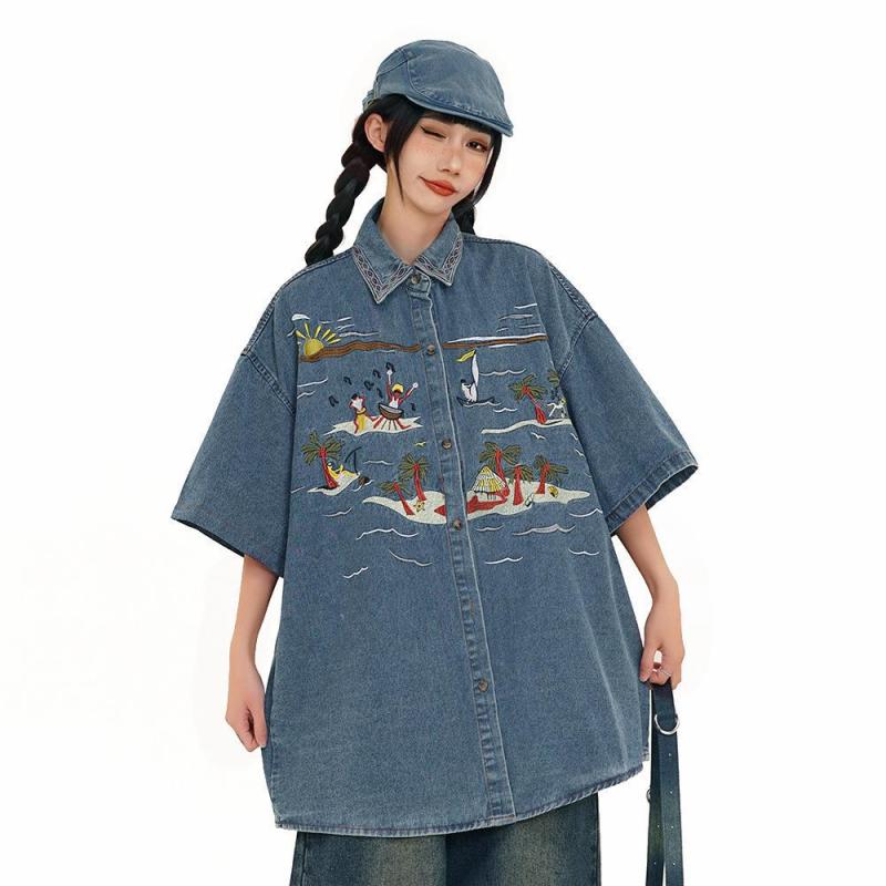 シャツ 男女兼用 半袖 デニム 刺繡 花柄 翻襟 ゆったり 高街スタイル カジュアル 薄手 ブルー M L XL