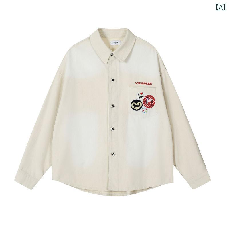 シャツ メンズ レディース アメリカン レトロ 刺繍 ウォッシュ加工 デニムシャツ 長袖 コットン ペア M L XL 春 乳白 黒