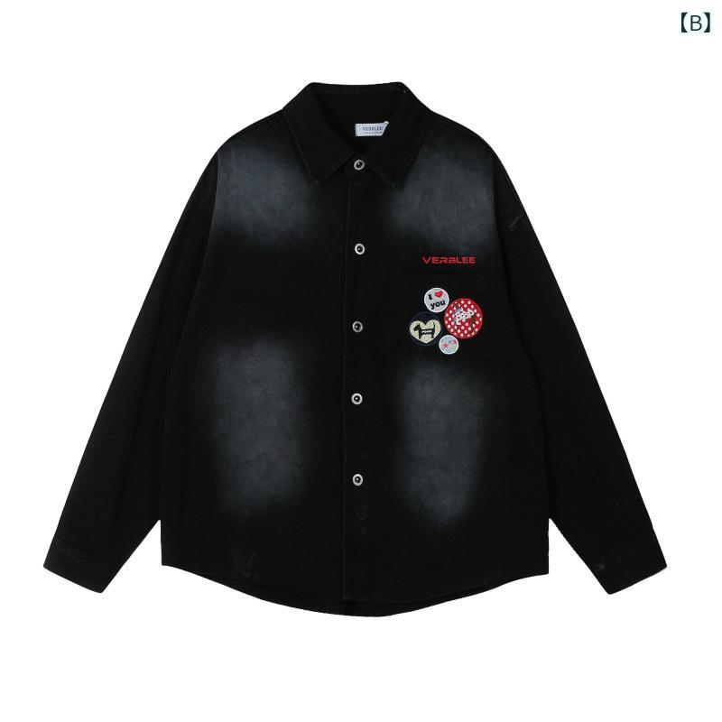 シャツ メンズ レディース アメリカン レトロ 刺繍 ウォッシュ加工 デニムシャツ 長袖 コットン ペア M L XL 春 乳白 黒