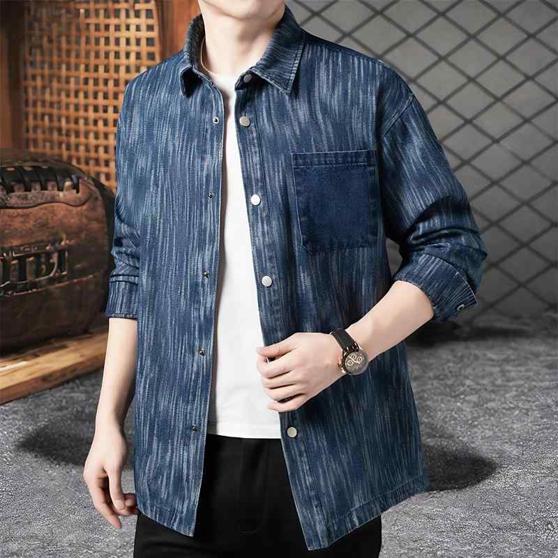 シャツ メンズ 男性用 春秋 デニム ルーズフィット 襟付き ストライプ コットン トップス 配色 ブラック ブルー