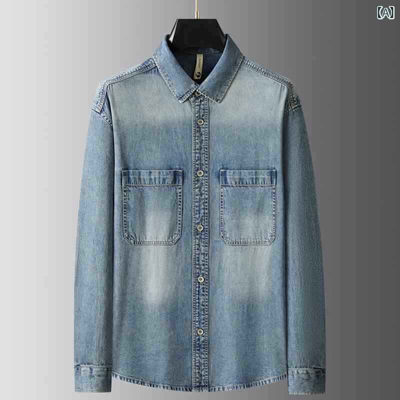 シャツ メンズ デニムシャツ 長袖 コットン ウォッシュ加工 ゆったり 普段使い アメリカンカジュアル ブルー ブラック