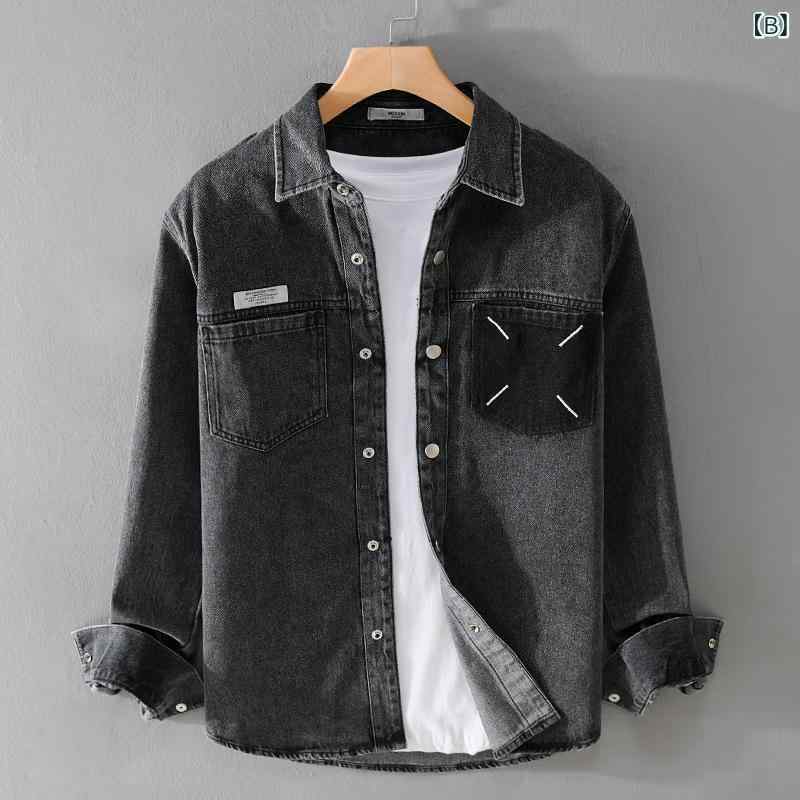 シャツ 男性用 デニム 長袖 コットンブレンド レトロ アメリカンカジュアル 配色 春秋 若者 普段使い ブルー ブラック