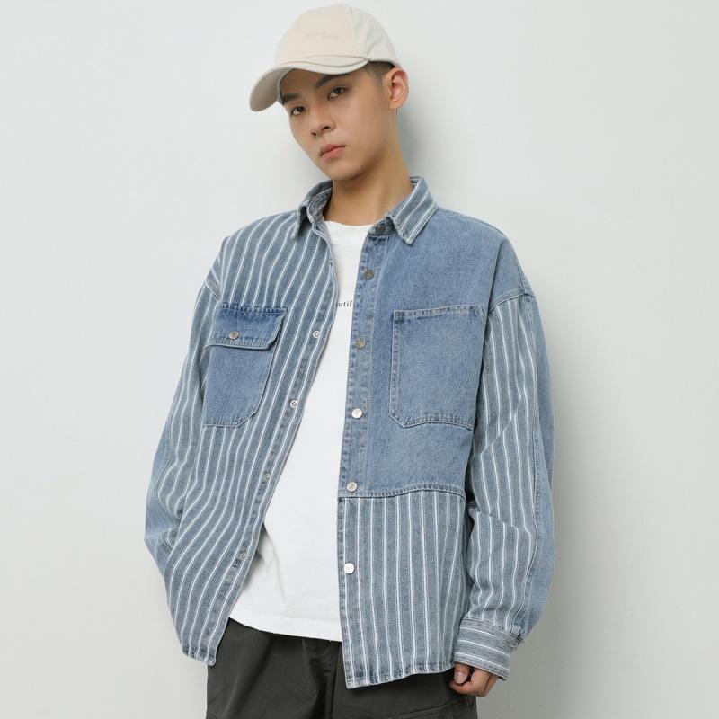 シャツ メンズ 長袖 コットン デニム ウォッシュ加工 ストライプ 切り替え ワークシャツ カジュアル トップス 秋物 ブルー