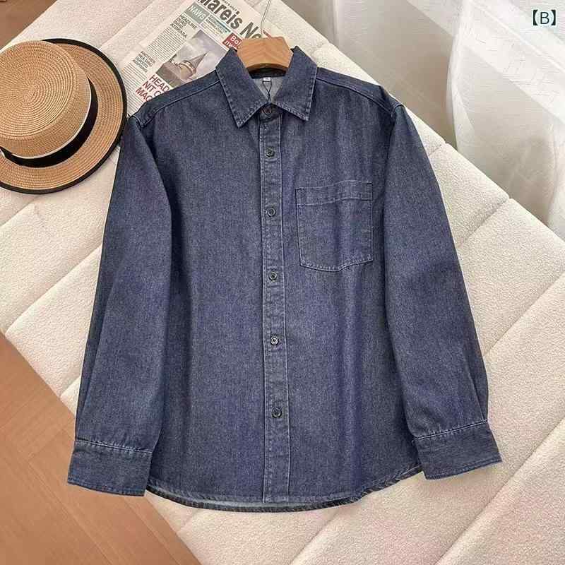 シャツ メンズ レディース デニム ルーズフィット 長袖 トップス 春 スプリング ブルー 青 ネイビー 紺 ブラック 黒 リネン 麻 日式 复古