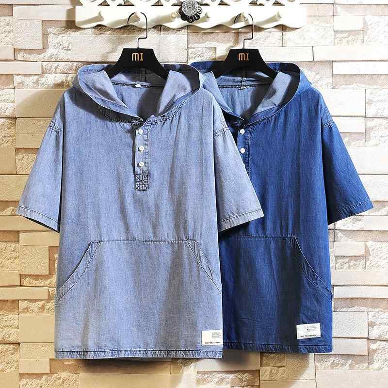 シャツ メンズ デニム 七分袖 ルーズフィット コットン 混紡 オーバーサイズ 浅青 紺色 大寸 ゆったり