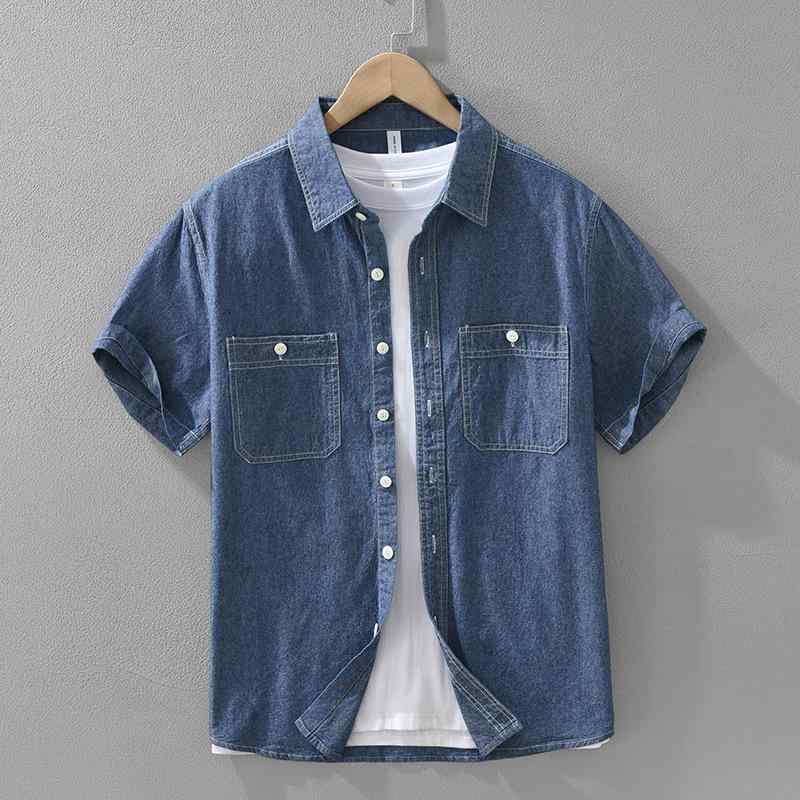 シャツ メンズ 男性用 デニムシャツ 半袖 コットン 日系 レトロ 古着風 無地 浅ブルー ダークブルー M L XL 2XL 3XL ウォッシュ加工 ゆったり リラックス カジュアル