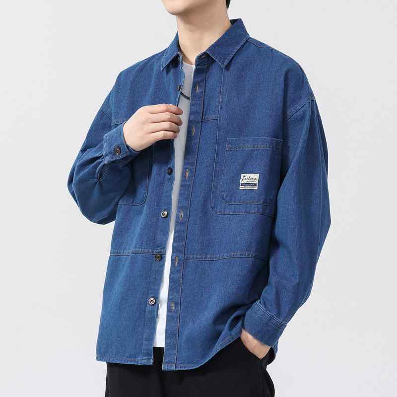 シャツ メンズ 長袖 デニム カジュアル 男性用 コットン混紡 ポリエステル スプリング 方襟 ライトブルー ミディアムブルー ダークブルー