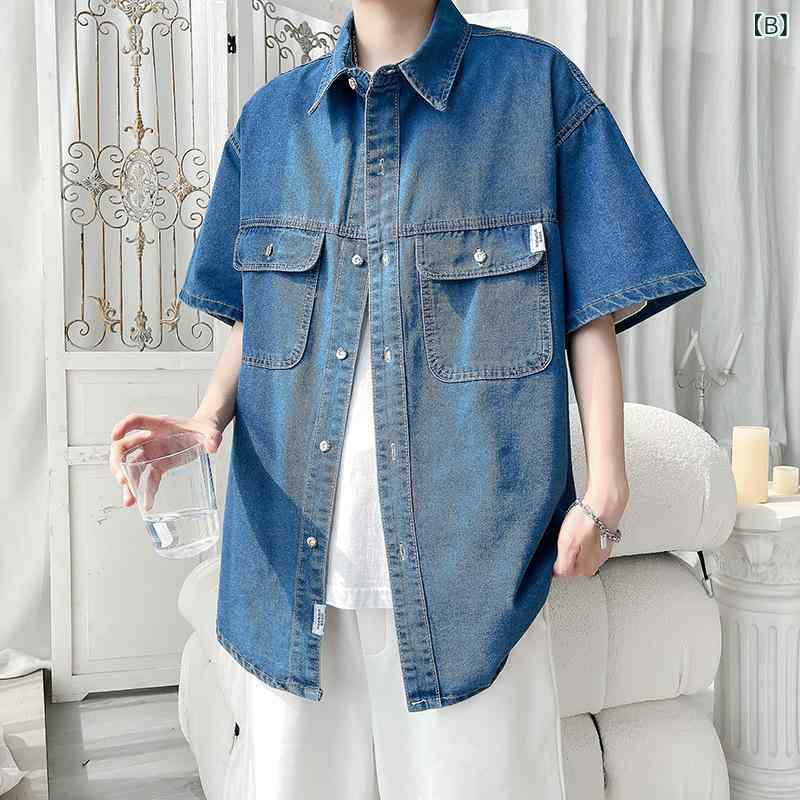 シャツ メンズ 半袖 デニム レトロ ワーク 薄手 5分袖 コットン ブルー系 カジュアル