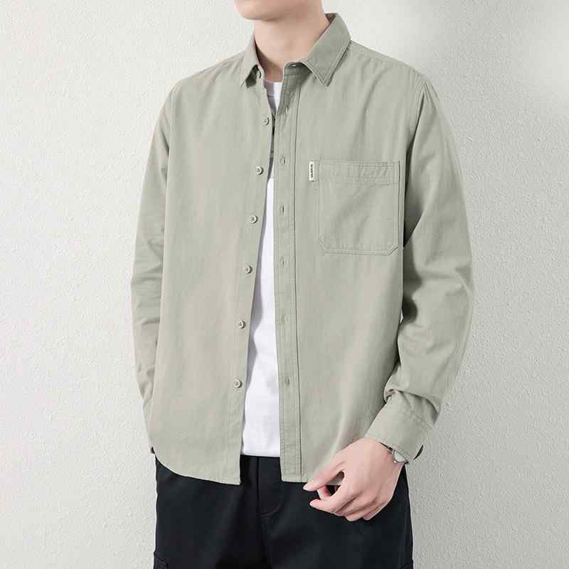 シャツ メンズ 長袖 コットン ワークシャツ カジュアル トップス Deburring加工 春秋 薄手 レギュラーカラー 無地 ダークグレー ブラック カーキ グリーン ブルー