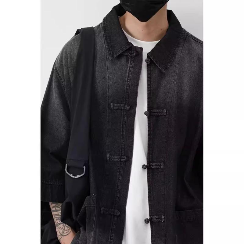 シャツ メンズ 男性用 デニム 日系 レトロ 切り替え 半袖 トップス 普段使い 部屋着 コットン 綿 春夏 ブラック 黒 ブルー 青