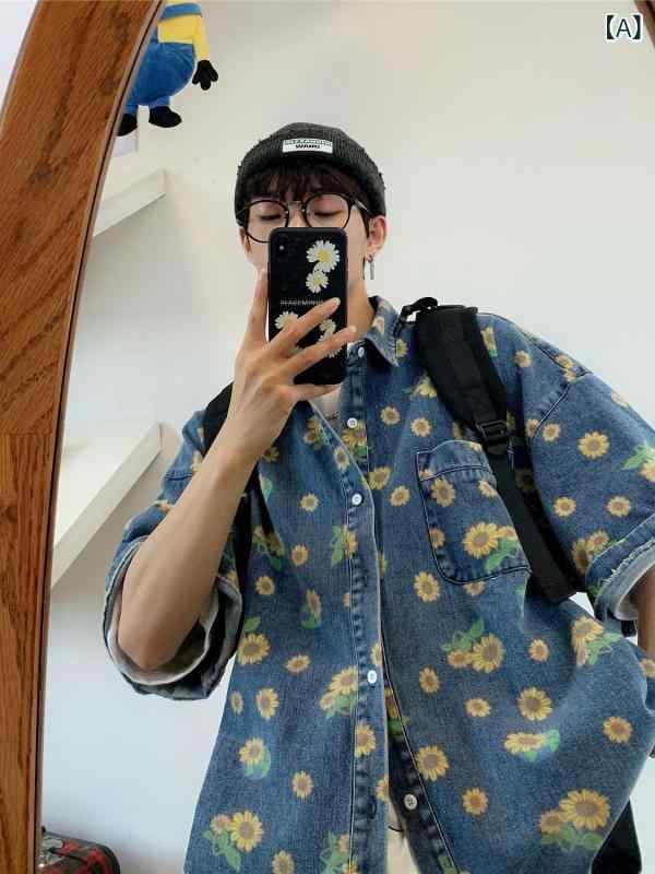 シャツ メンズ デニム ダメージ ウォッシュド 半袖 トップス ルーズフィット 港風 春秋 カジュアル