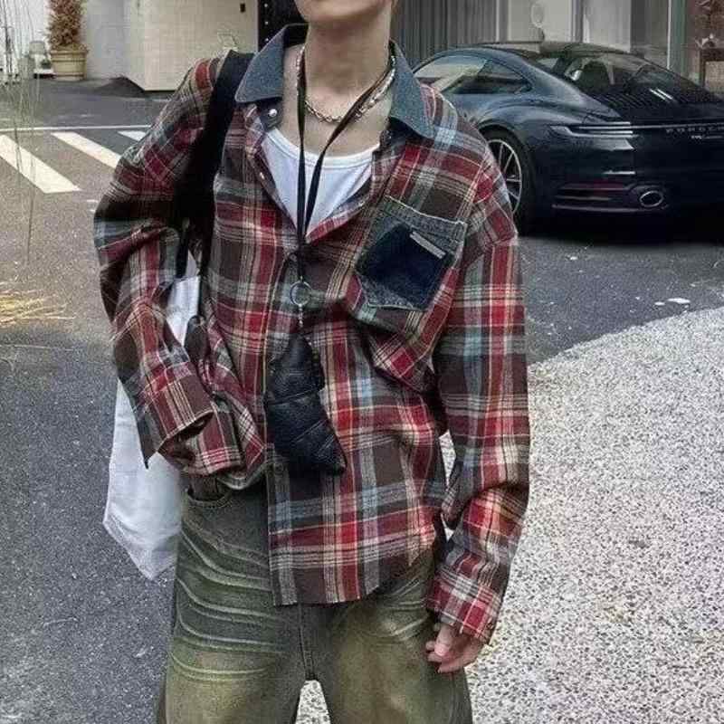 シャツ メンズ 長袖 アメリカン レトロ デニム 切り替え フランネル チェック柄 カジュアル ネルシャツ 春秋 薄手 赤 黄色