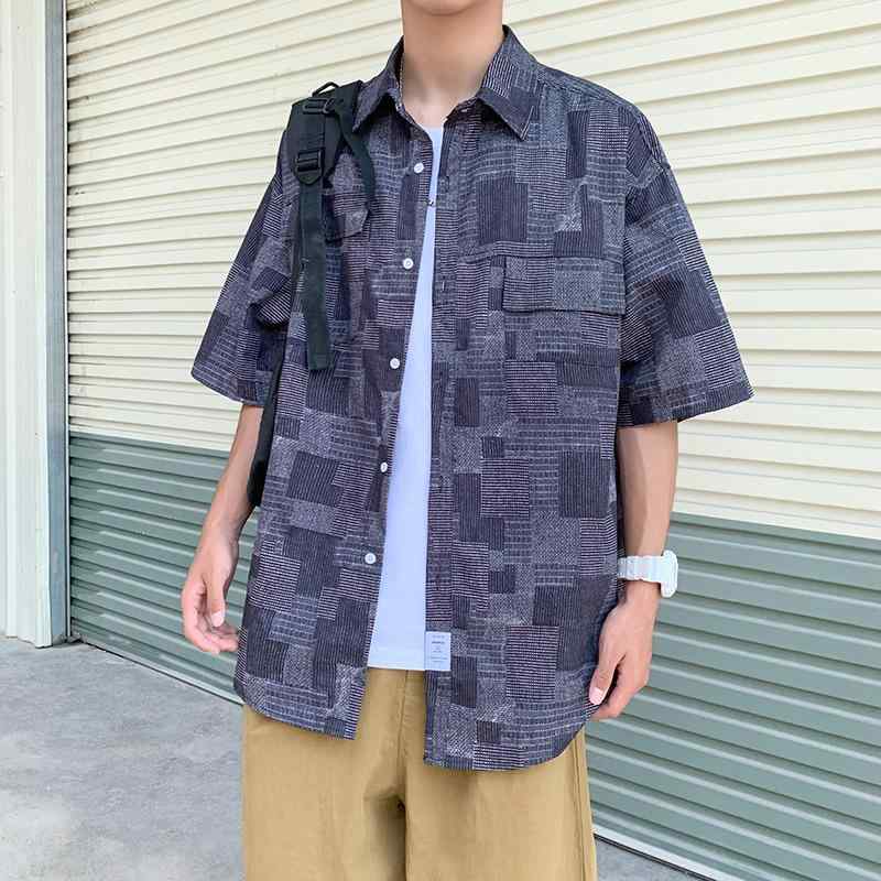 シャツ メンズ 男性用 五分袖 格子柄 ポリエステル トップス 普段使い 部屋着 接触冷感 伸縮性 ブルー ブラック系(x2)
