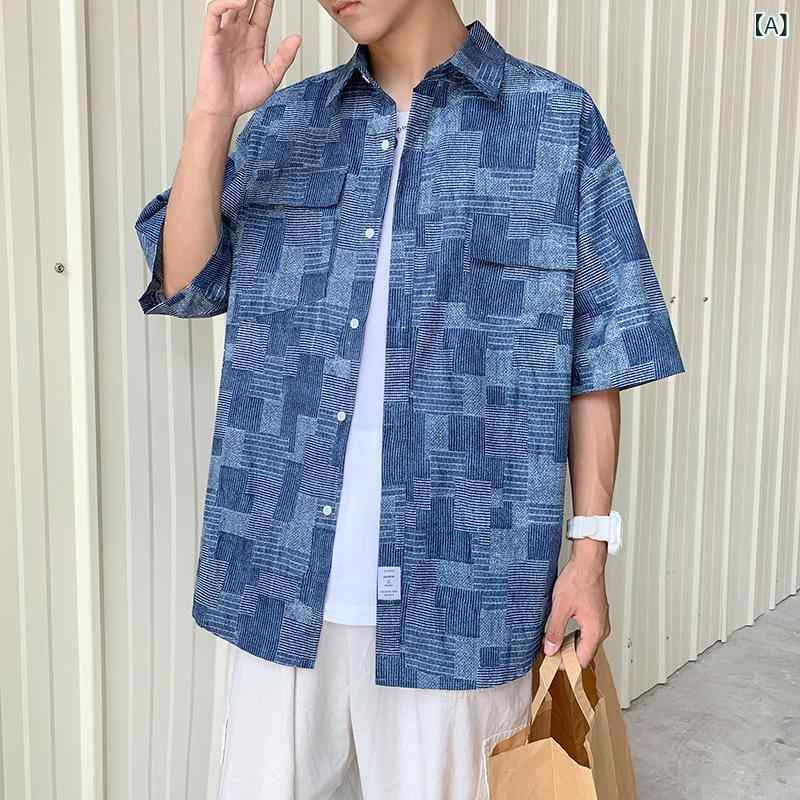 LINEAR shopのシャツ メンズ 男性用 五分袖 格子柄 ポリエステル トップス 普段使い 部屋着 接触冷感 伸縮性 ブルー ブラック系(x2)｜アングル2