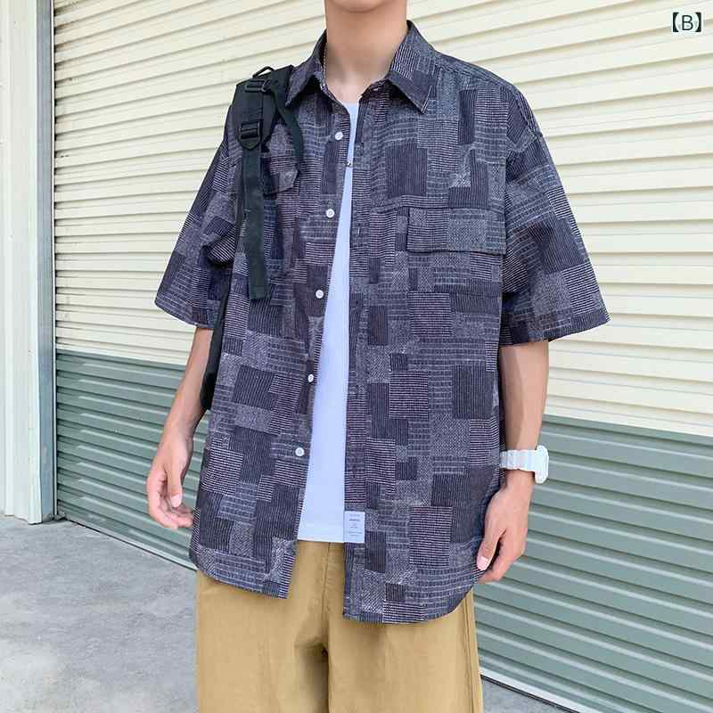 LINEAR shopのシャツ メンズ 男性用 五分袖 格子柄 ポリエステル トップス 普段使い 部屋着 接触冷感 伸縮性 ブルー ブラック系(x2)｜アングル3