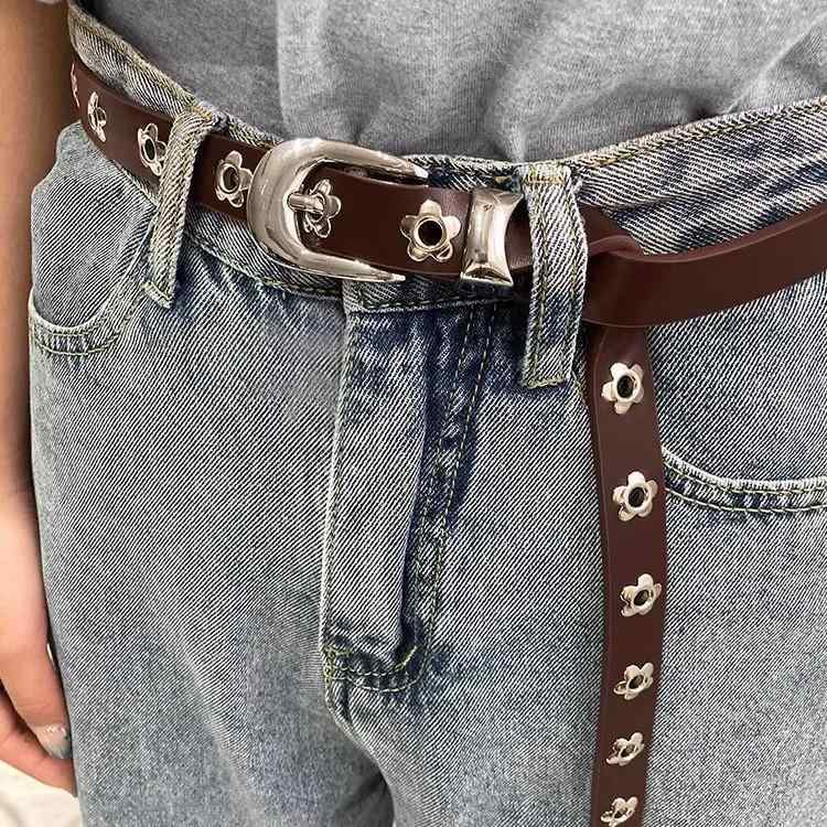 ベルト レディース 細ベルト PUレザー 花柄 デコレーション ジーンズ ブラック コーヒー色 (x3)