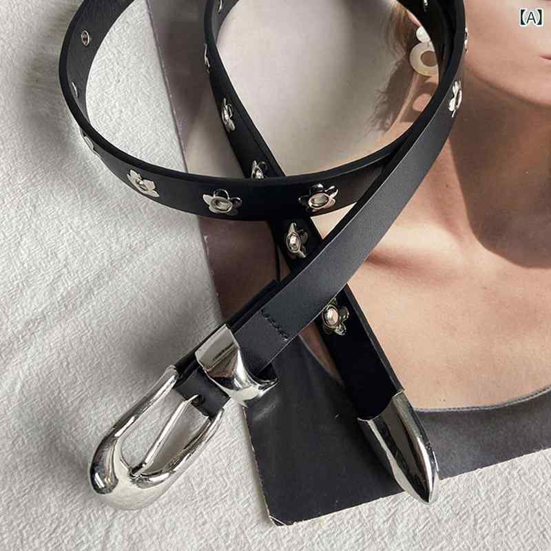 ベルト レディース 細ベルト PUレザー 花柄 デコレーション ジーンズ ブラック コーヒー色 (x3)